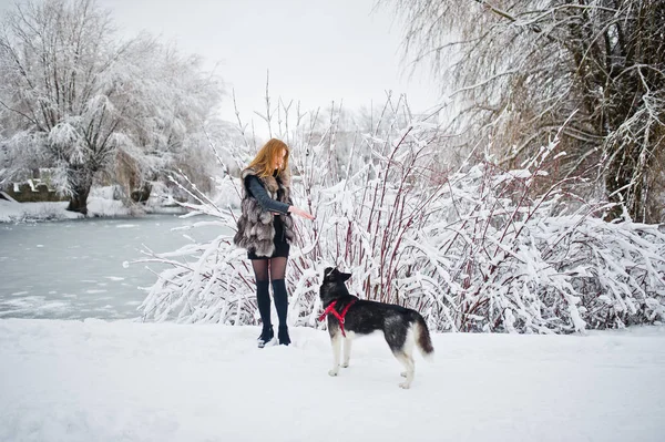 Rothaarige Mädchen spazieren an Wintertagen mit Husky-Hund im Park. — Stockfoto