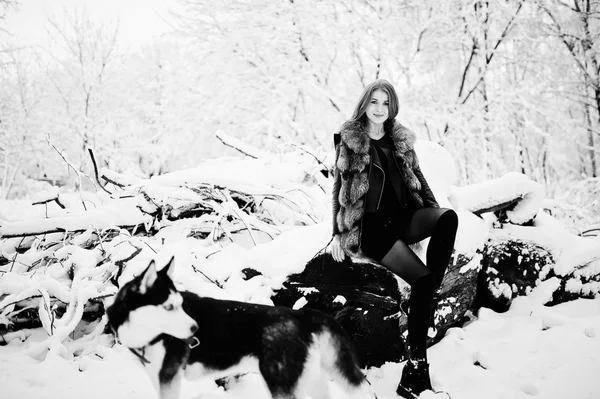 Chica pelirroja caminando en el parque con perro husky en el día de invierno . —  Fotos de Stock