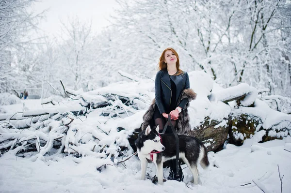 红头发的女孩在公园散步与沙哑的狗在冬天的一天. — 图库照片