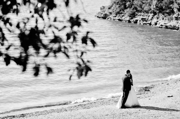 Casamento casal na paisagem de tirar o fôlego com rocha e lago . — Fotografia de Stock