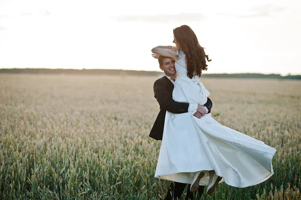 Loving wedding couple at field of wheat. — Stock Photo, Image