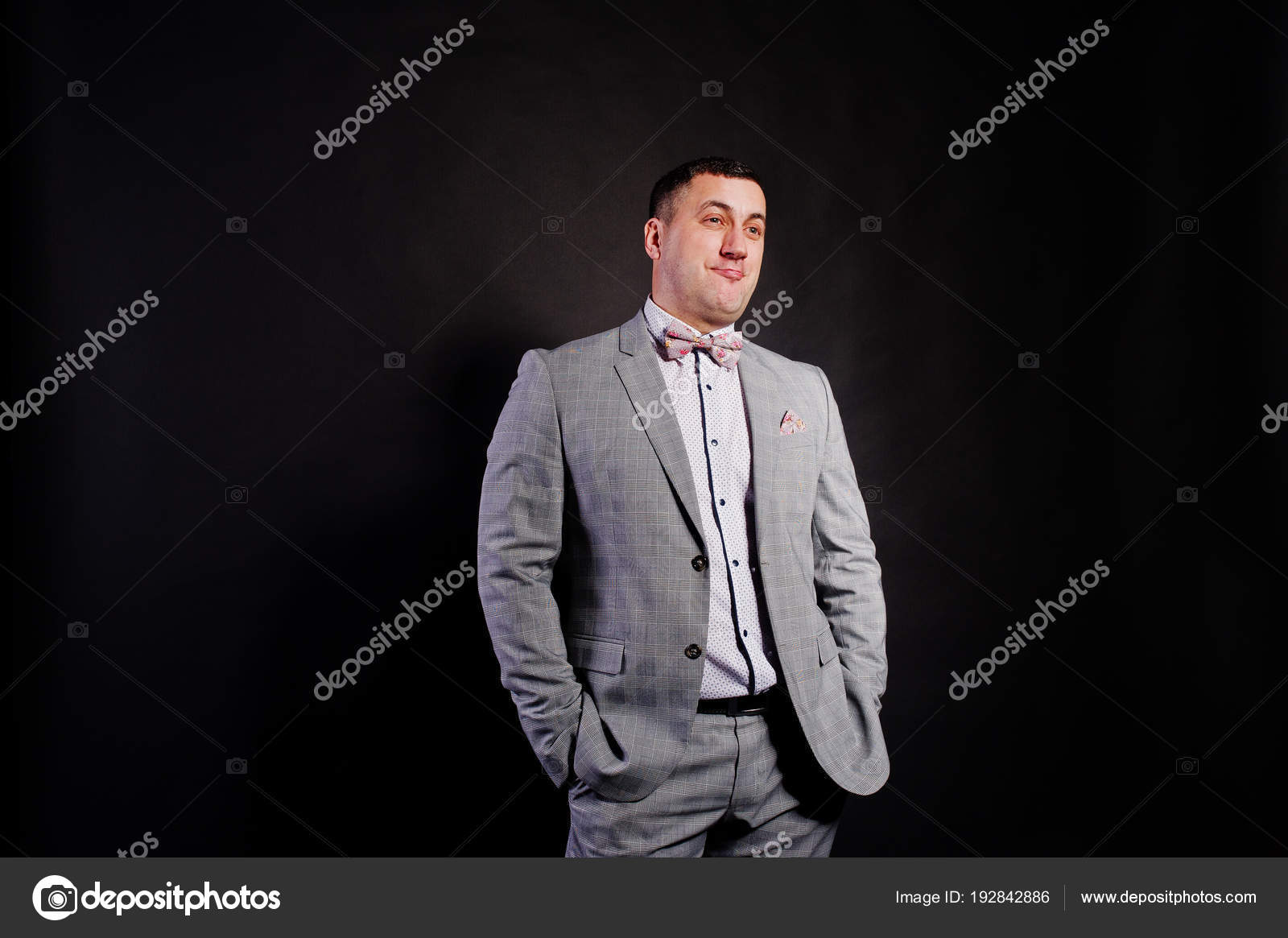 Portrait En Studio De Lhomme En Costume Gris Et Noeud