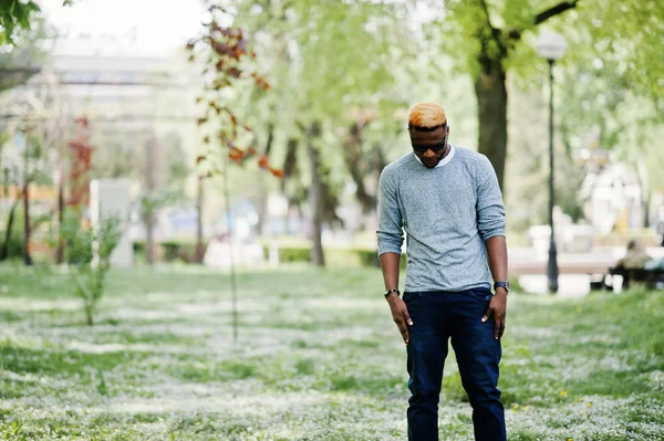 Afro-amerikai fiú elegáns szürke pulóver és fekete sunglasse — Stock Fotó