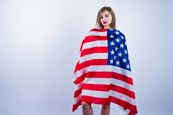 Cute girl with american usa flag isolated on white background. — Stock Photo, Image
