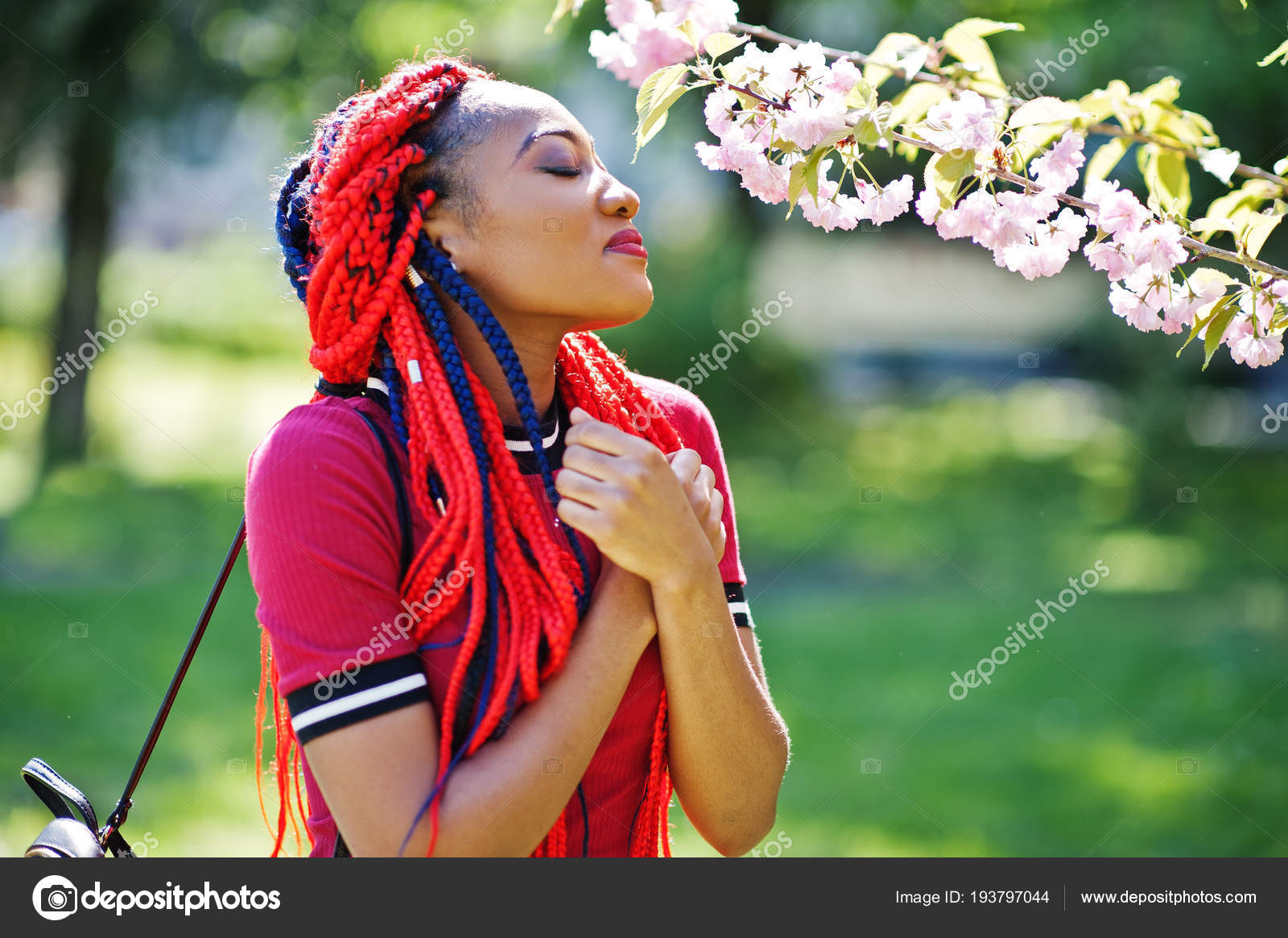 Cute And Slim African American Girl In Red Dress With