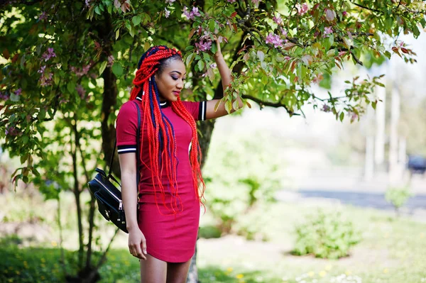 Mignon et mince afro-américaine fille en robe rouge avec dreadlocks — Photo