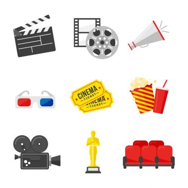 Film Icon set. Renkli simgeler düz stilde sinema konulu.