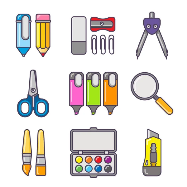 Papeterie buntes Symbol-Set. Schule und Büro-Tools auf weißem Hintergrund. — Stockvektor