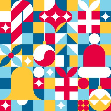 Modern geometrik tarzda kusursuz mutlu noeller. Noel Baba şapkası, toplar, çan, xmas ağacı ve baston şekerler..