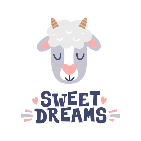 Dulces sueños. Cabeza de oveja y cita dibujada a mano. Cara de animal lindo carácter para tarjetas de felicitación . — Vector de stock