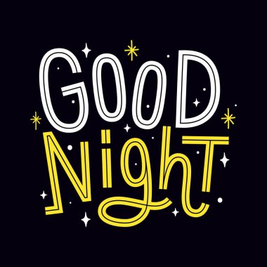 Gece gökyüzünde yıldızlı iyi geceler cümlesi. Kartlar için çocuksu çizgi film tarzında komik yazıtlar.