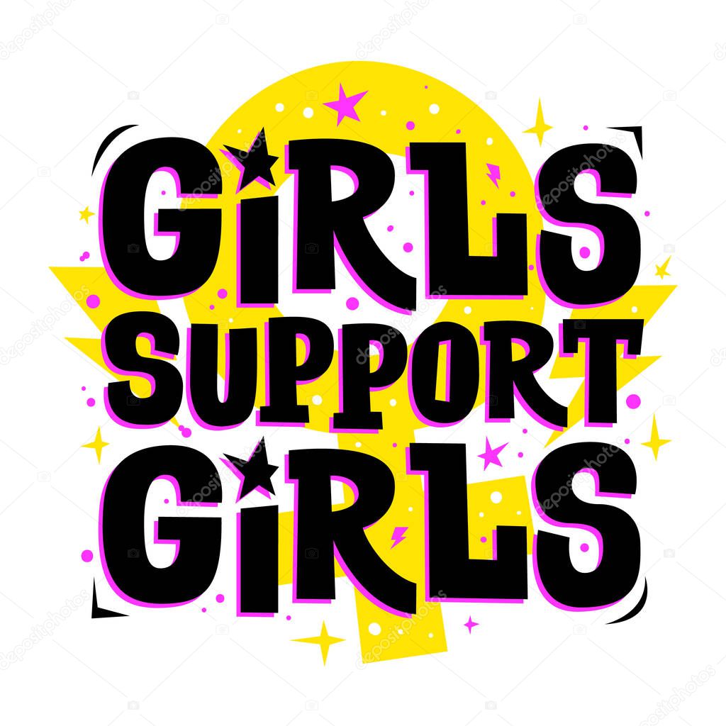 Girls support girls with venus mirror gender sign. Vector feminist slogan. Hand drawn lettering.