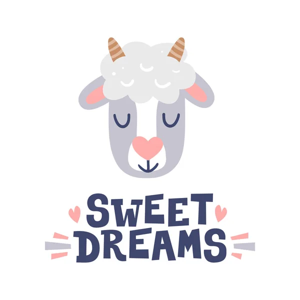 Dulces sueños. Cabeza de oveja y cita dibujada a mano. Cara de animal lindo carácter para tarjetas de felicitación, carteles, logotipo, etiquetas . — Vector de stock