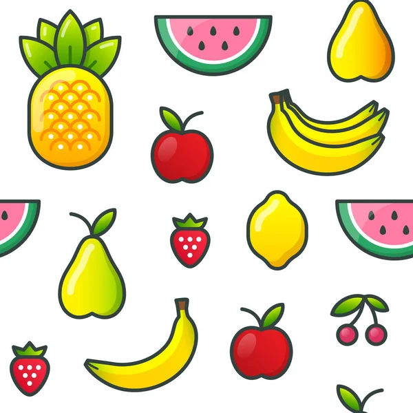 Patrón sin costuras de frutas y bayas en estilo de línea. Lindo fondo con conjunto de frutas de verano . — Vector de stock