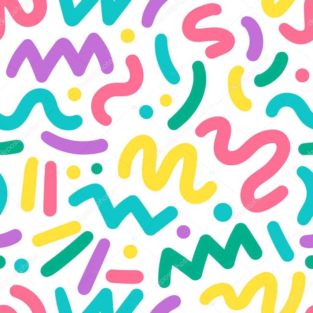 Abstract pop art seamless pattern. Cute background in memphis style. Geometric design of trendy 80s-90s.