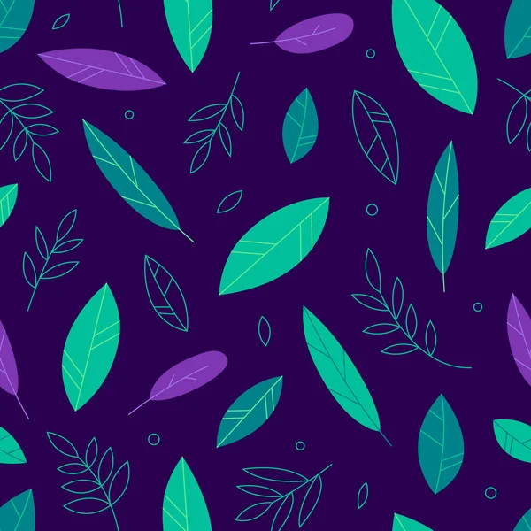 Trendy leaves seamless pattern on the dark backdrop. Nature background in stylish colours - green, turquoise and purple. — Stok Vektör