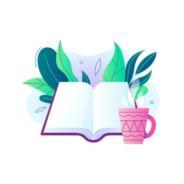 stock vector Open book with a cup of coffee or tea and decorative leaves on the background. Reading literature, education concept.