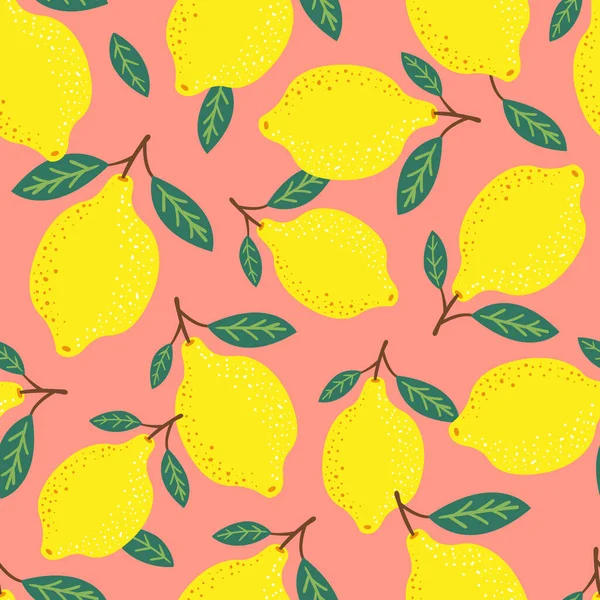 Zitronen und Blätter Hintergrund. Tropisches Vektor nahtloses Muster. Handgezeichnete Illustration. — Stockvektor