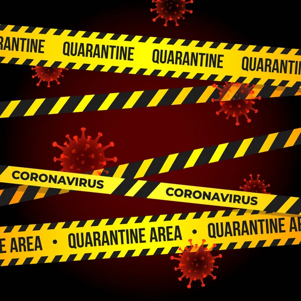 Coronavirus karantina bandı ile uçan parçacıklar virüsü 2019-nCoV. Roman Covid-19 salgınının karantina uyarısı.