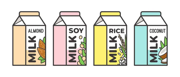 Zestaw różnych mleka roślinnego - migdałowy, ryż, kokos, soja. Wegańskie, wegetariański produkt. Ilustracje Stockowe bez tantiem