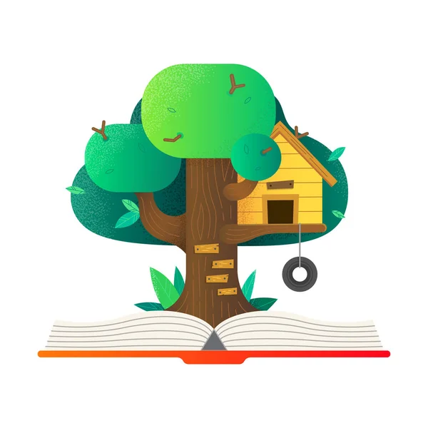 Öppen bok med trädkoja. Hus på träd för barn. Vektor begreppet äventyr berättelse för barn. Platt illustration. — Stock vektor