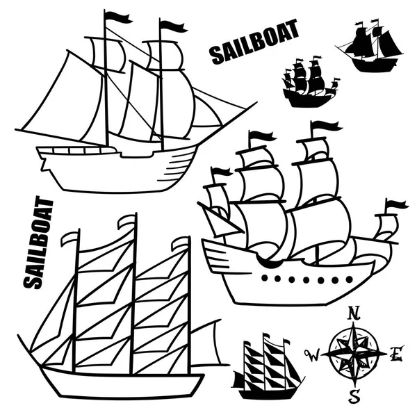 Set of simple sketch illustrations old sailboats, pirate ships with a sail — Stock Vector