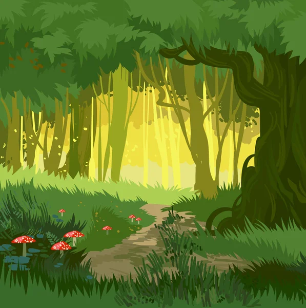 Fabuloso verde brillante verano mágico bosque vector fondo setas — Vector de stock