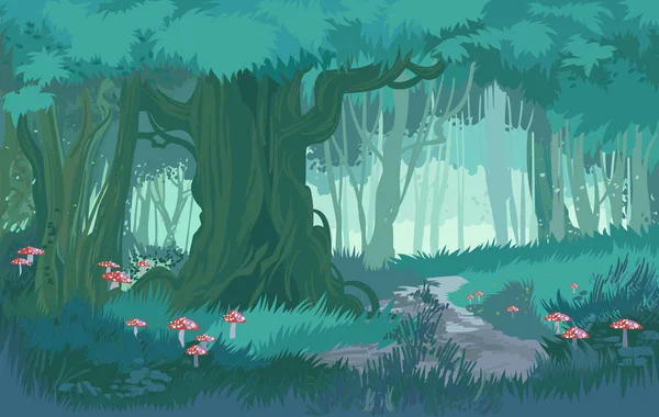 Favolose sfumature di blu crepuscolo foresta giungla vettore foresta di sfondo con funghi — Vettoriale Stock