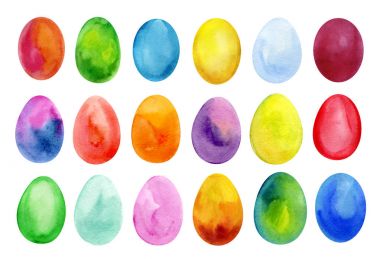 Paskalya yumurtaları suluboya şablon tasarımı için ayarlayın. Tasarım beyaz zemin üzerine suluboya resmi Paskalya için tatil.