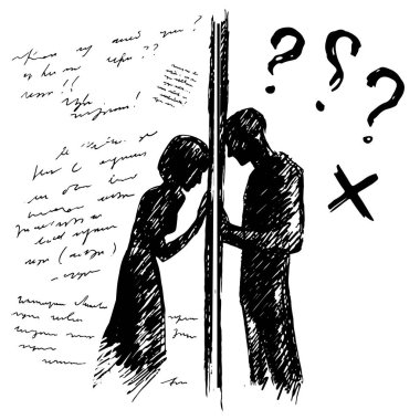 Incomprehension couple man woman talking through the wall. Sketch vector illustration. Misunderstanding conflict clipart