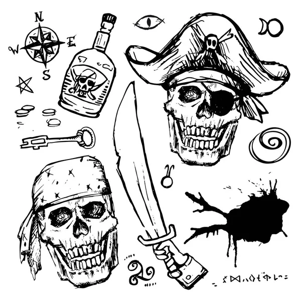 Pirates skull in hat. Isolated piratical adventure attributes hand drawn vector set: keys and rum, mysterious symbols. — Stock Vector
