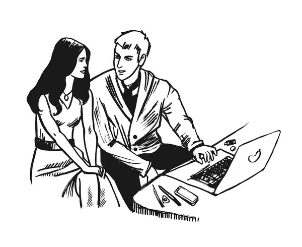 Young Business man en vrouw samen met laptop. Schets hand getekend stijl vector — Stockvector