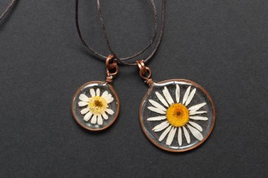 handmade epoxy resin jewelry. pendant, camomile in copper frame. dried flowers. herbarium, oshibana, phytotherapy. isolated on black background clipart