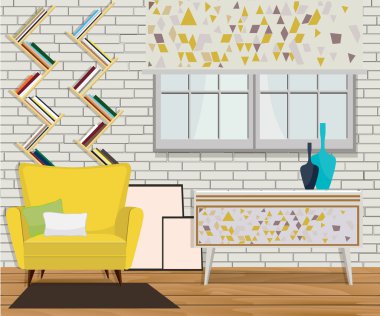 Mobilya tasarımı. İç. Sandalye yastık, raflar, pencere, halı