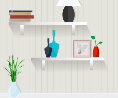 Mobilya. Duvar rafları, kitap, resim, vazo ile.
