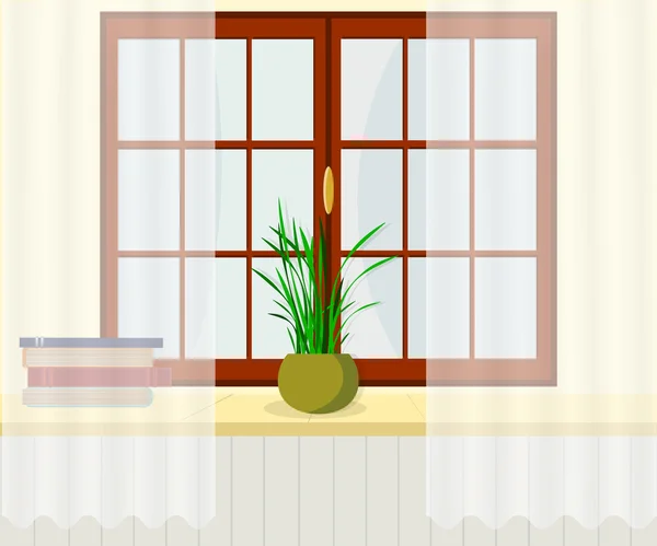 Interior. Window with windowsill, blinds/ books and plants. — Stock Vector