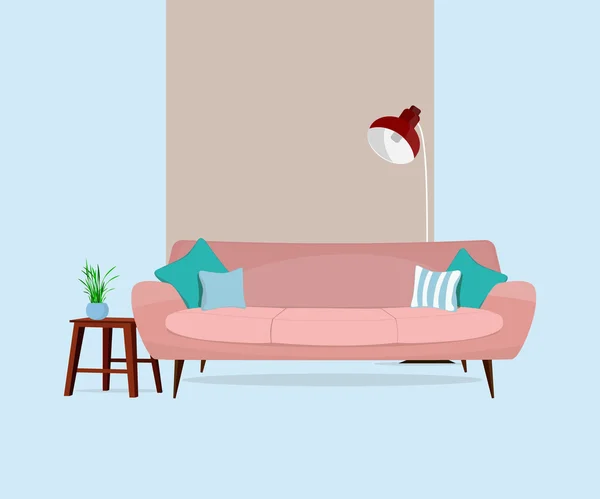 Furniture. Living room interior. Sofa, table, lamp. — ストックベクタ