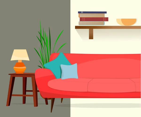 家具。室内装饰客厅。沙发、 桌子、 灯. — 图库矢量图片