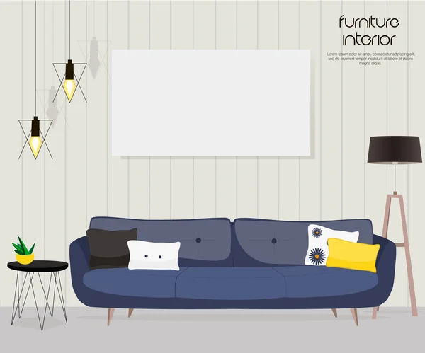 家具设计。内政部。沙发上的枕头、 灯、 图片. — 图库矢量图片