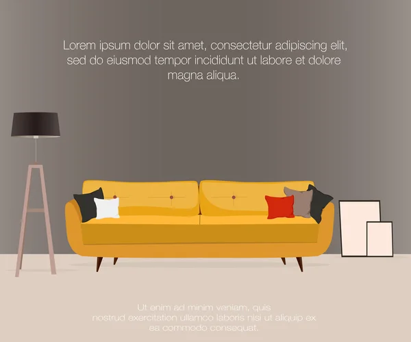 Sala de estar. Design de móveis. Sofá com travesseiros, lâmpada, fotos . — Vetor de Stock