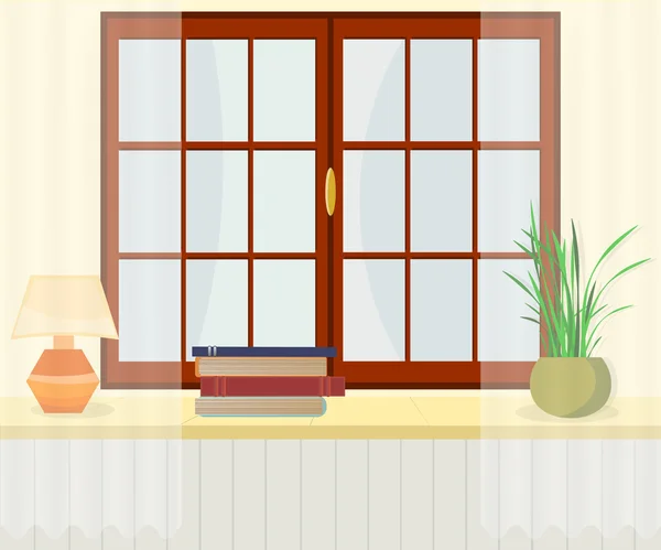 Innenraum. Fenster mit Fensterbank, Jalousien / Bücher und Pflanzen. — Stockvektor