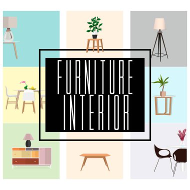 Mobilya iç. Vektör çizim. Masalar, sandalyeler.