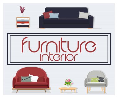 İç. Koltuk takımları ve ev aksesuarları. Mobilya tasarımı. Kanepe yastık ile saksı