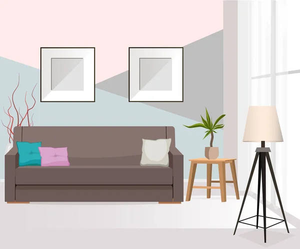 Meubilair Interieur Woonkamer Met Sofa Tafel Lamp Foto Venster Vector — Stockvector