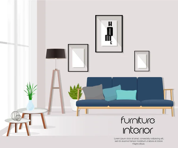 Muebles. Interior. Sala de estar con sofá, mesa, lámpara, fotos, ventana. Vector . — Archivo Imágenes Vectoriales