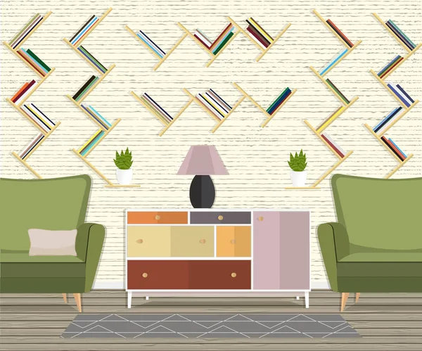 Möbeldesign. Interiör. Vardagsrum. Ett rum med böcker — Stock vektor