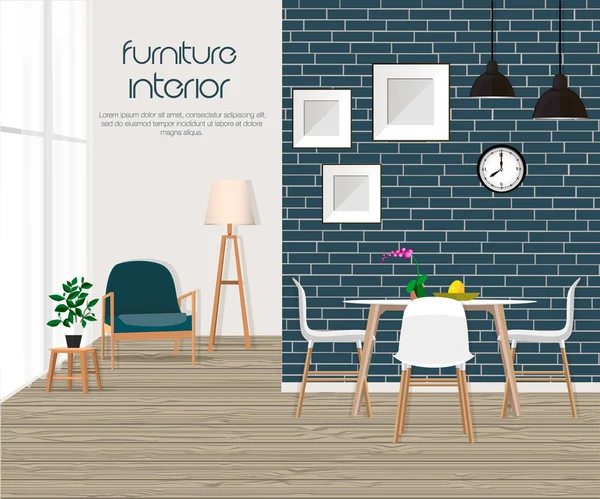 Möbler. Interiör. Vardagsrum med soffa, bord, lampa, bilder, fönster. Matsal och vardagsrum — Stock vektor