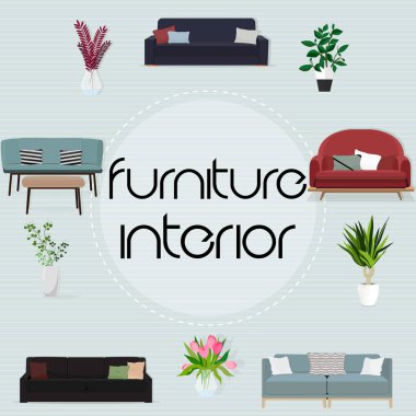 Mobilya iç için. Modern mobilya ev için. Rahat koltuklar. Çiçeklik ev için. Vektör çizim