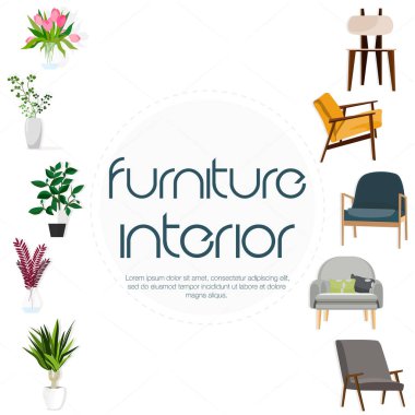 Mobilya iç için. Modern mobilya ev için. Rahat koltuklar. Çiçeklik ev için. Vektör çizim