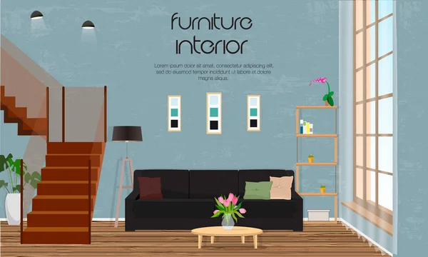 Мебель. Дизайн интерьера. Гостиная с диваном, лестница, окно . — стоковый вектор